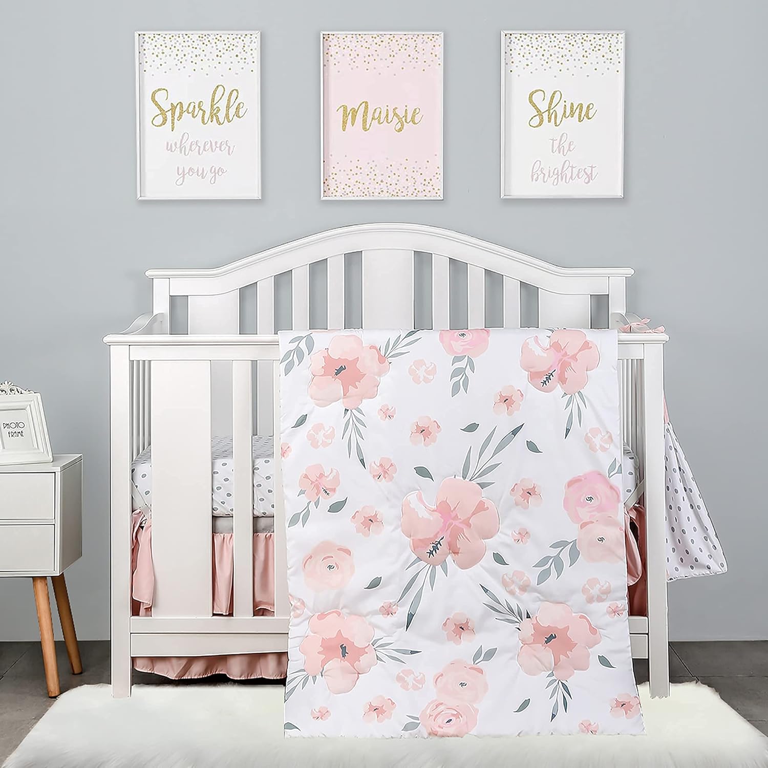 PINNKKU 4-Piece Crib Bedding Set for Girls, Baby Girl Bedding Crib Set, Cunas para Bebes, White, Blush Pink Flower Crib Skirt, Blanket, Crib Sheet and Diaper Stacker, Crib Bedding Sets for Girls - Image 1
